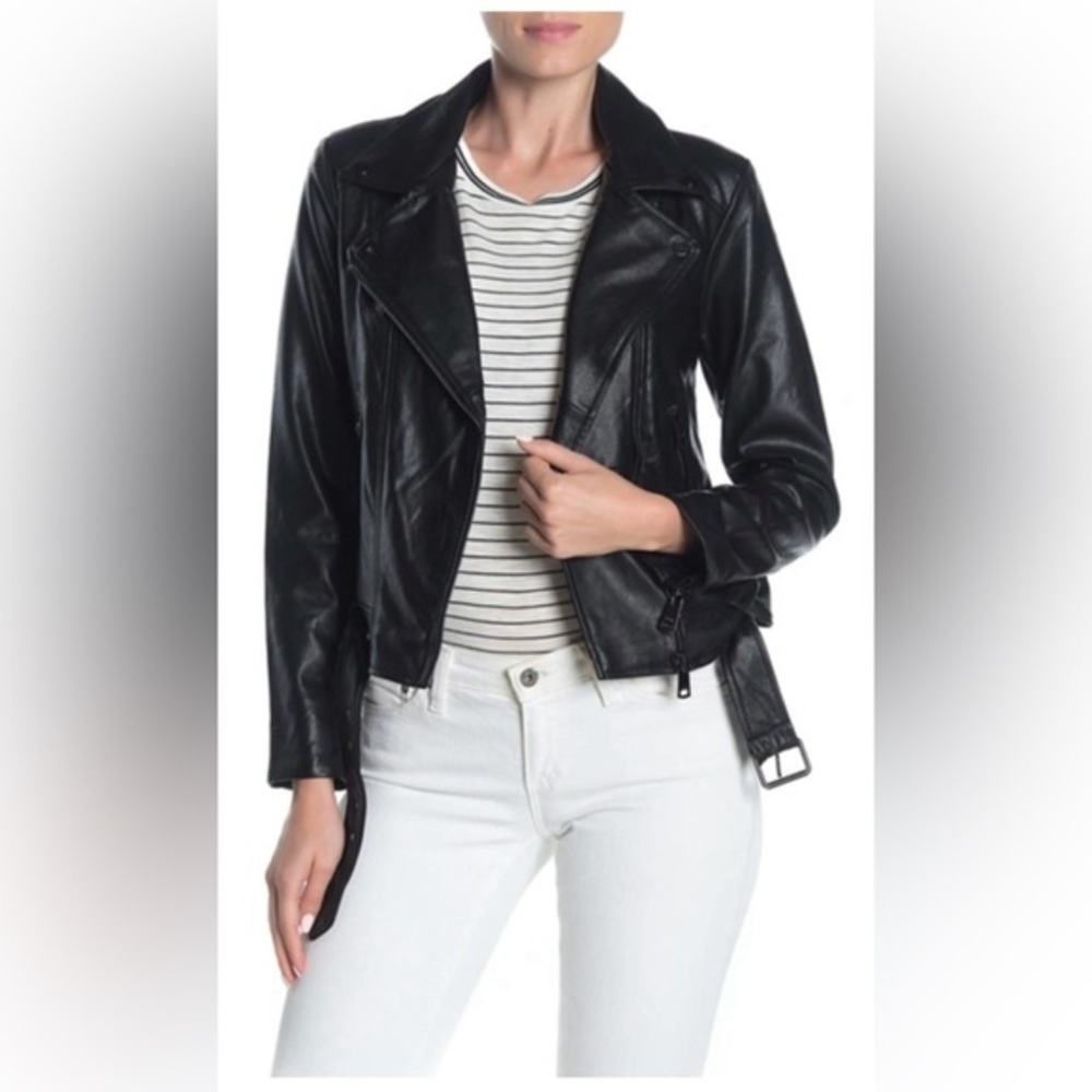Elodie Black Faux Leather Moto Jacket In Black and silver hardware coat size L